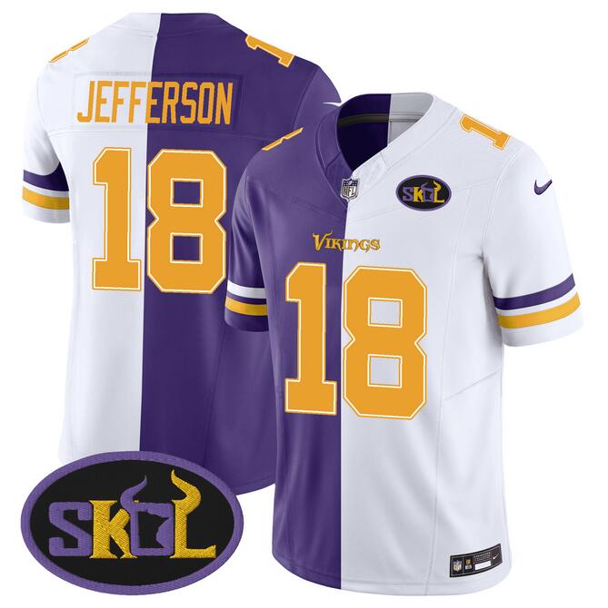 Men's Minnesota Vikings #18 Justin Jefferson Purple/White Split F.U.S.E SKOL Patch Football Stitched Jersey